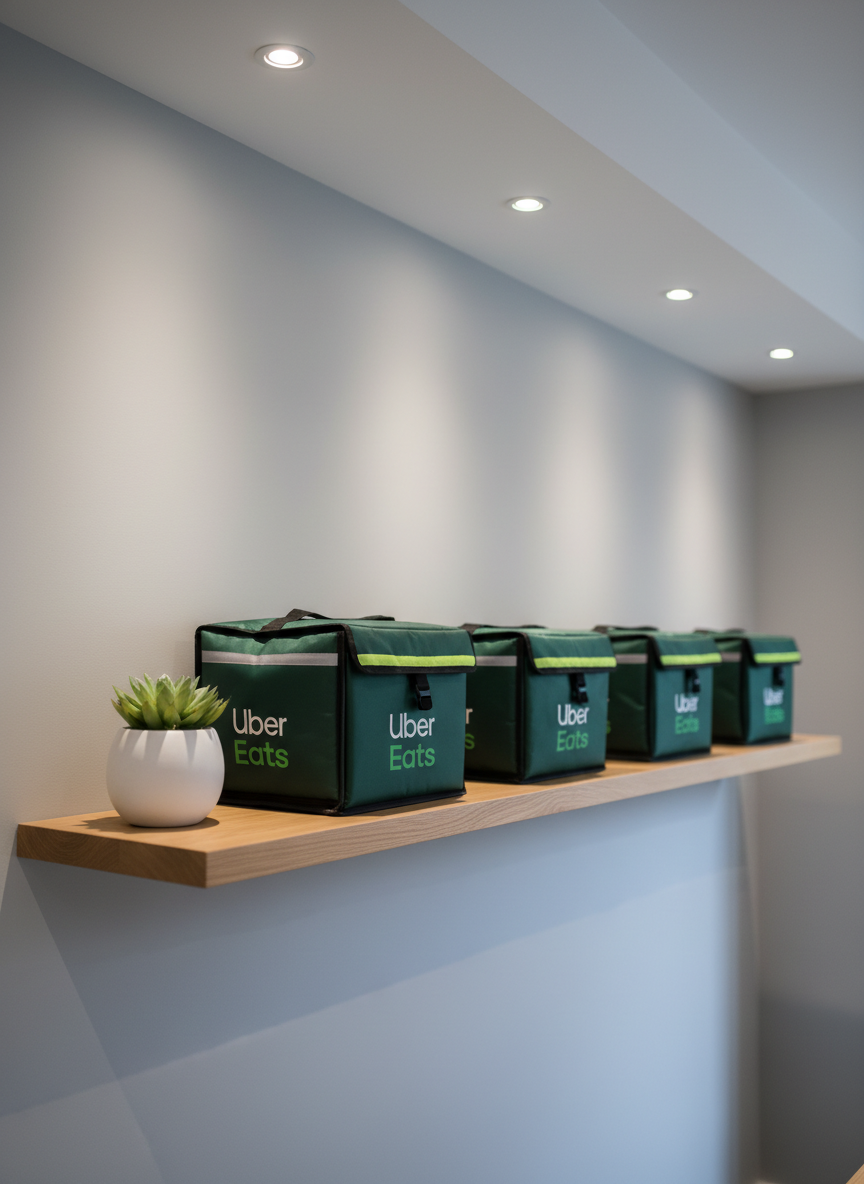 A refined, minimalistic delivery pick-up shelf made from light oak with crisp edges, installed against a palette of smooth light gray wall and accented with a small plant in a matte white pot for organic contrast. Several UberEat-branded insulated carrier bags in dark green and white sit uniformly spaced on the shelf. Subtle recessed ceiling lighting creates soft, uniform illumination, reducing harsh contrasts and emphasizing the structured layout of the bags. Photographed from an eye-level angle with a slight depth of field that softly blurs the background, the scene evokes order, dependability, and a clean, modern sensibility.