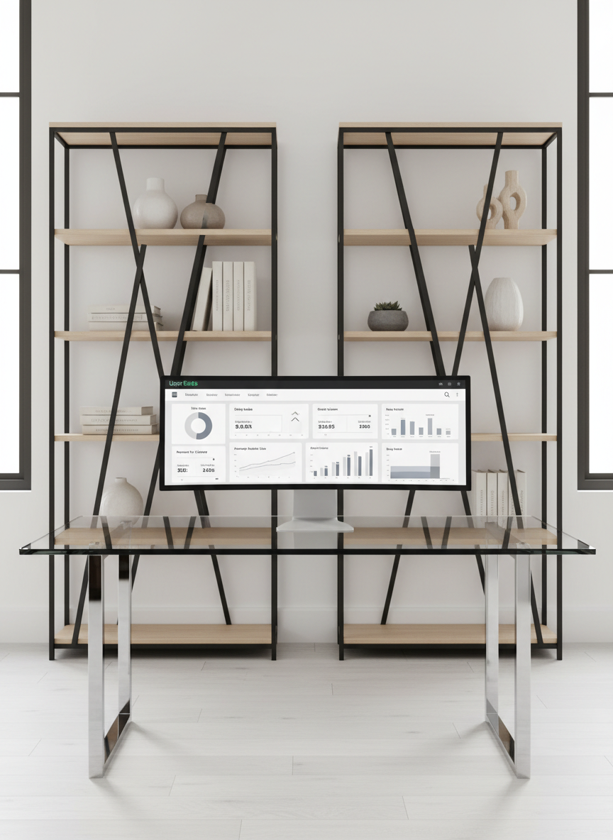 A polished, contemporary office workspace showcasing a large computer monitor on a glass desk, the screen displaying an UberEat merchant application dashboard with clear charts and data graphs in neutral colorways. The space is framed by geometric shelving units housing tastefully arranged neutral-toned decor. Soft, evenly diffused daylight enters from unseen windows, bathing the scene in a gentle, professional brightness that minimizes shadows. Captured from a straight-on, centered perspective, the image presents a balanced, purposeful composition aligned with a structured, corporate style. The mood is aspirational, clean, and supports the efficiency and reliability of business application processes.