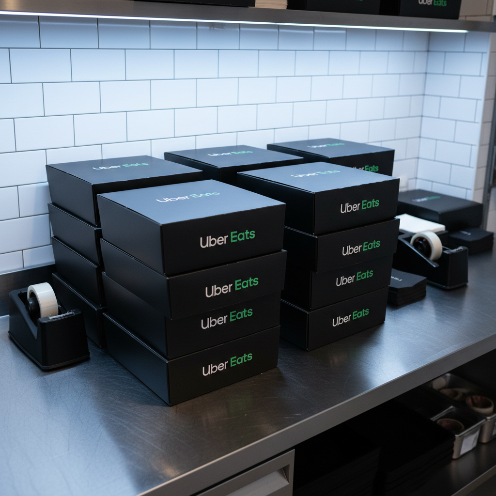 A close-up of an elegant, structured takeout packaging station featuring neatly stacked matte black delivery boxes imprinted with UberEat logos in silver. The station is organized on a brushed stainless steel table with clean white tiles as a backdrop. Overhead cool-toned task lighting casts crisp highlights and subtle shadows, giving the space a hygienic and professional aura. Shot from a slightly elevated angle with everything in sharp focus, the composition leverages clean lines and symmetry for a tidy, businesslike appearance. The mood is calm, orderly, and emphasizes top-tier standards in food delivery.